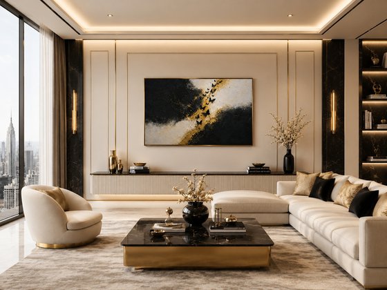 Abstract Gold with 3D Black Butterflies
