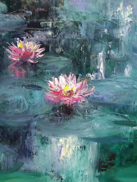 Pink Water Lilies , Original  Impasto Oil Painting , Palette Knife