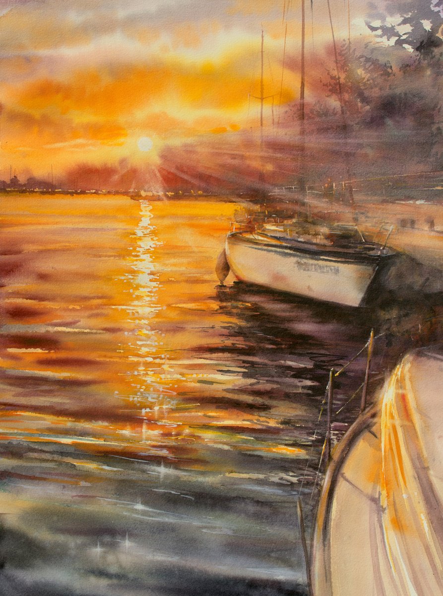 Impressionistic Landscape Watercolour By Eve Mazur, 18 X 24, Sunset In Marina., Original Artwork