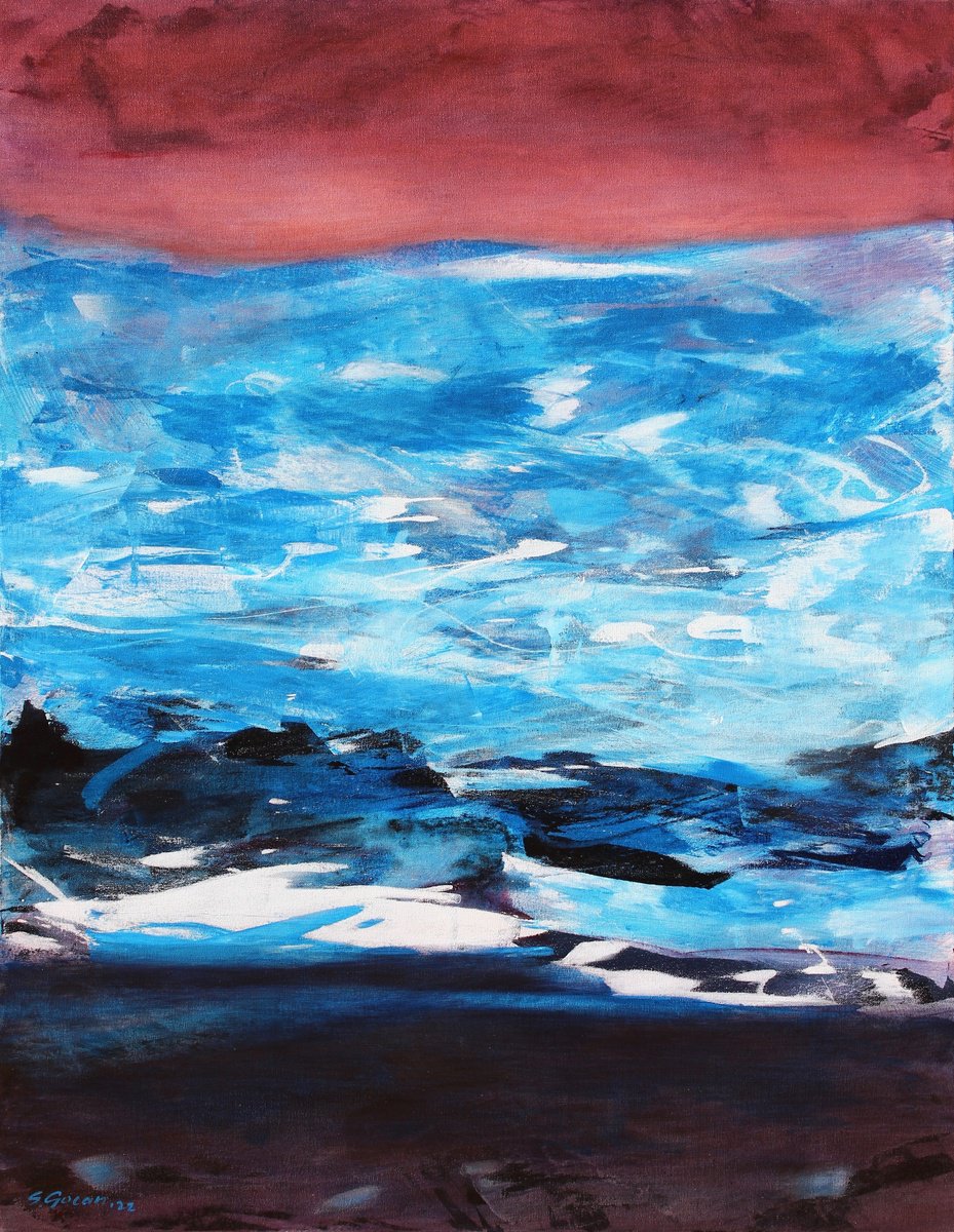 Abstract Acrylic Painting By Simona Gocan, 28 X 36", Evening Sky Over The Glacier, Original Artwork