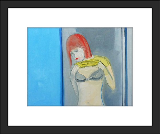 FEMALE REDHEAD UNDRESSING  with BLACK BRA. Original Female Figurative Oil Painting. Varnished.