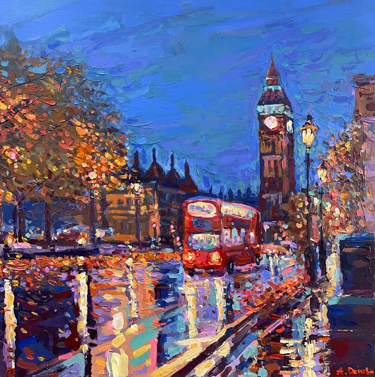 Impressionistic Landscape Acrylic Painting By Adriana Dziuba, 20 X 20, London City Lights At Night, Original Artwork