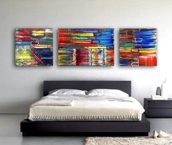 "The Road Less Traveled" - Save As A Series - Unique PMS Geometric Oil Painting Triptych On Canvas - 84" x 24"