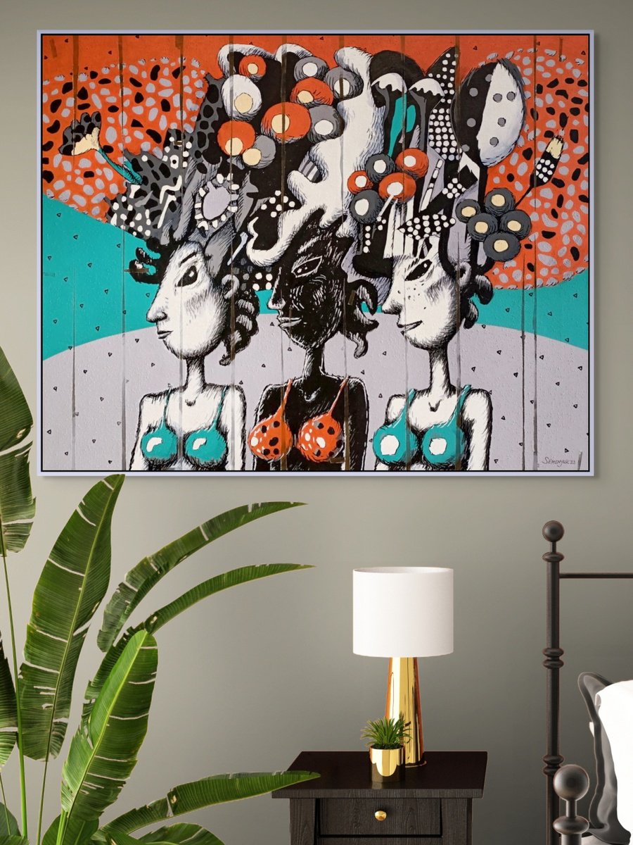 Expressive Portrait Acrylic Painting By Evgen Semenyuk, 39 X 31, Three Girls From Ipanema, Original Artwork