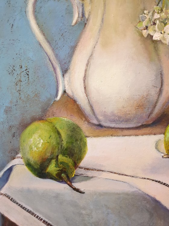 "Still Life with Hydrangea and Pears"  pears  liGHt original painting PALETTE KNIFE  GIFT (2019)