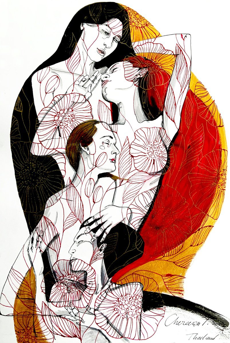 Portrait Ink Drawing By Tetiana Cherevan, 15 X 22", Blossom, Original Artwork