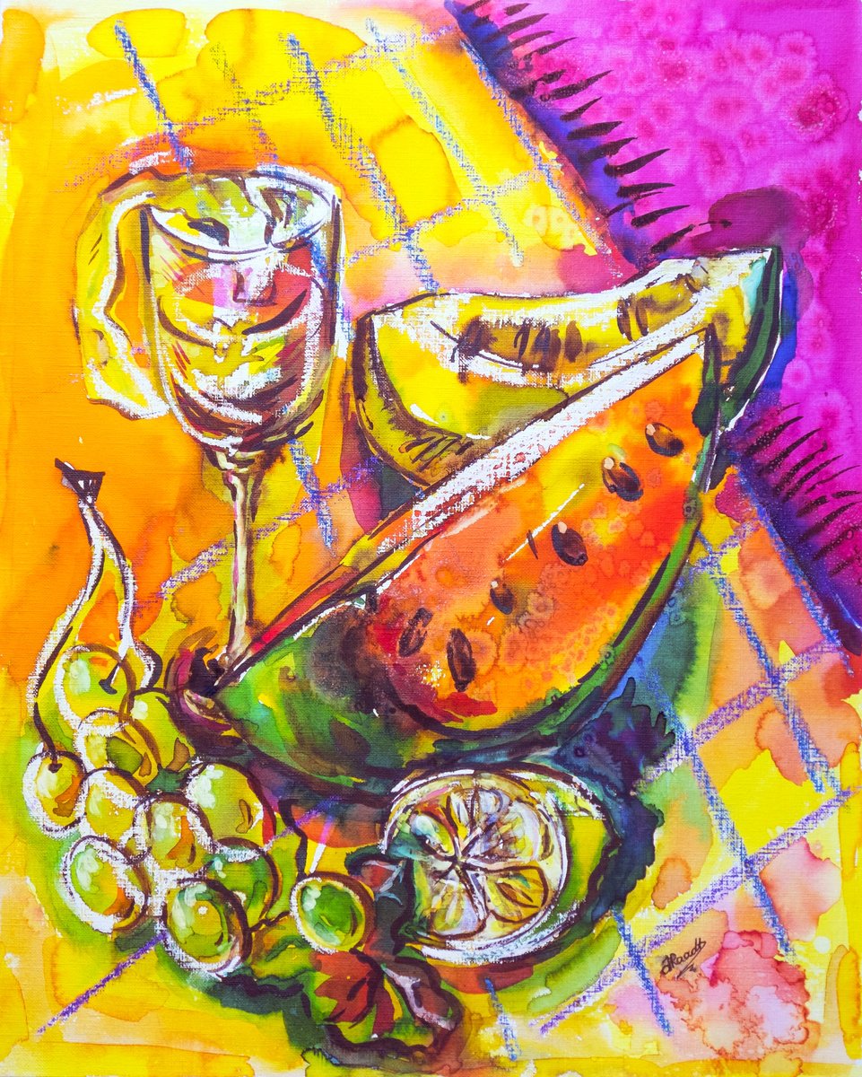 Illustrative Ink Drawing , Summer Fruits And Juice By Ariadna De Raadt, 13 X 16, Artwork For Sale On Artfinder
