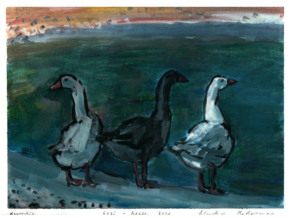 Gosi - Geese II, 2020, acrylic on paper, 22.1 x 29.5 cm by Alenka Koderman