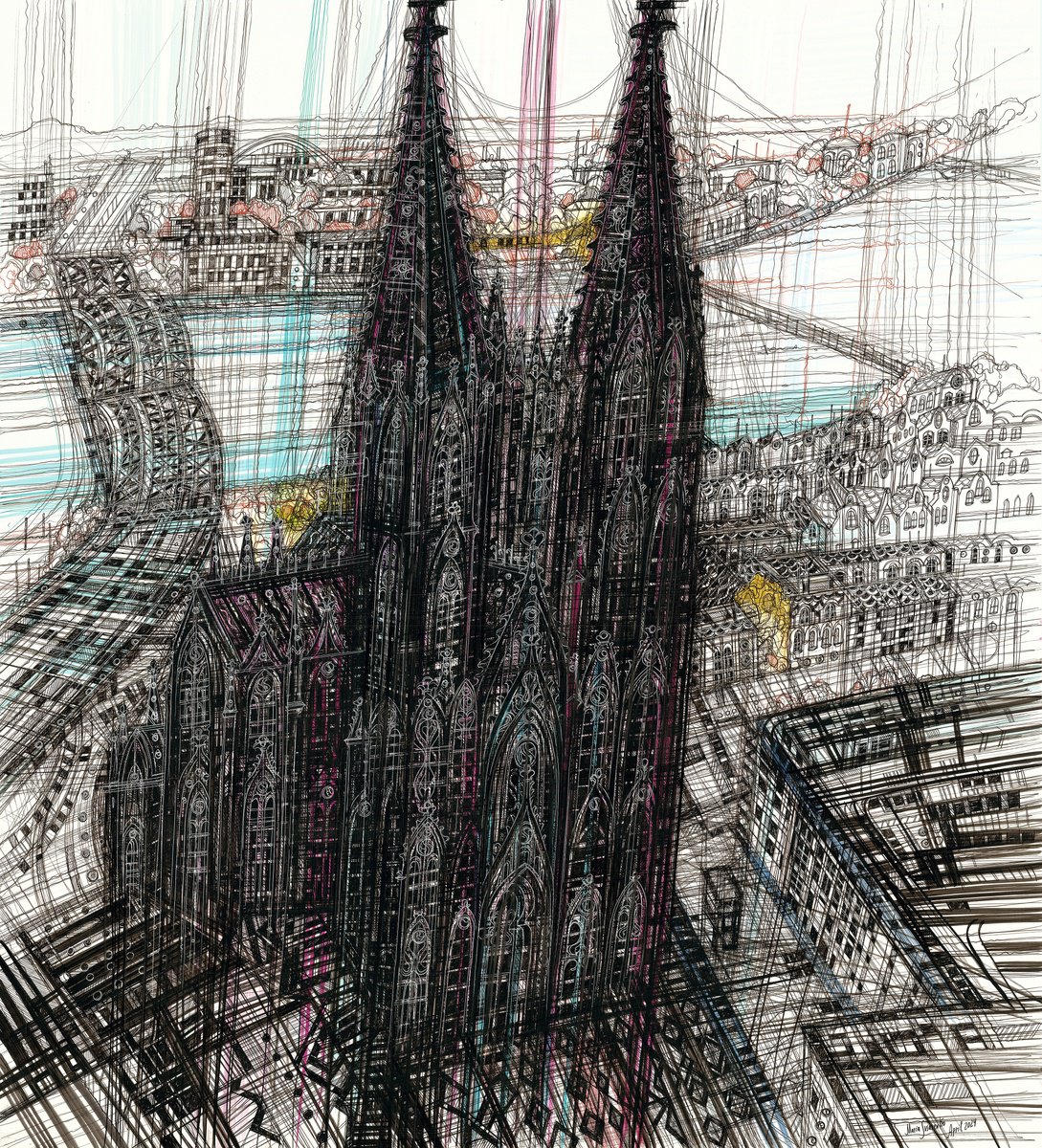 Impressionistic Cityscapes Drawing By Maria Susarenko, 32 X 35", Cologne Cathedral, Original Artwork