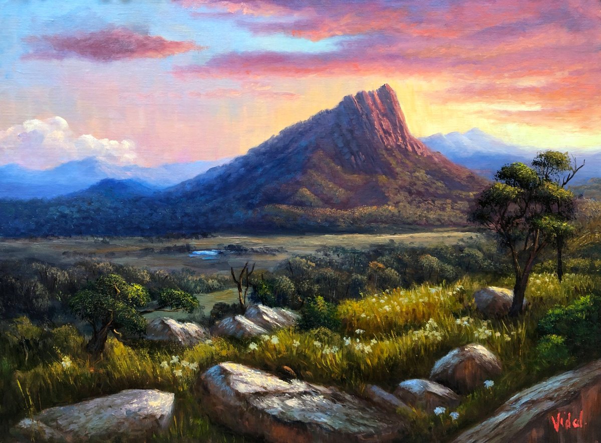 Impressionistic Landscape Oil Painting By Christopher Vidal, 24 X 18, Warm Light On Mt Abrupt, Grampians, Vic, Original Artwork