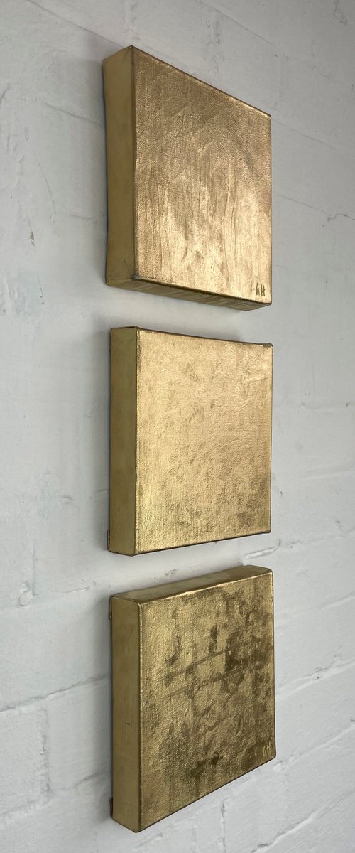 Wisdom diptych- 20cm squ (x3) - metallic gold paint on canvas by George Hall