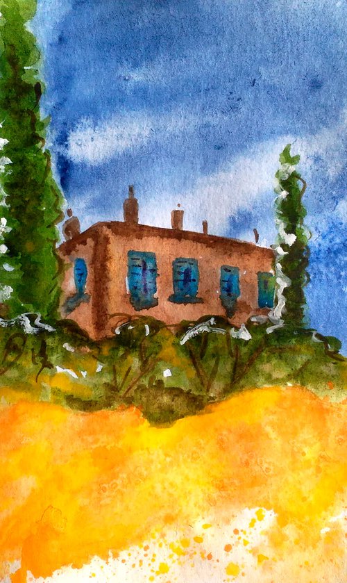 Tuscany Painting Landscape Original Art Farm House Watercolor Poplar Tree Artwork Yellow Field Small Wall Art 8 by 12" by Halyna Kirichenko by Halyna Kirichenko