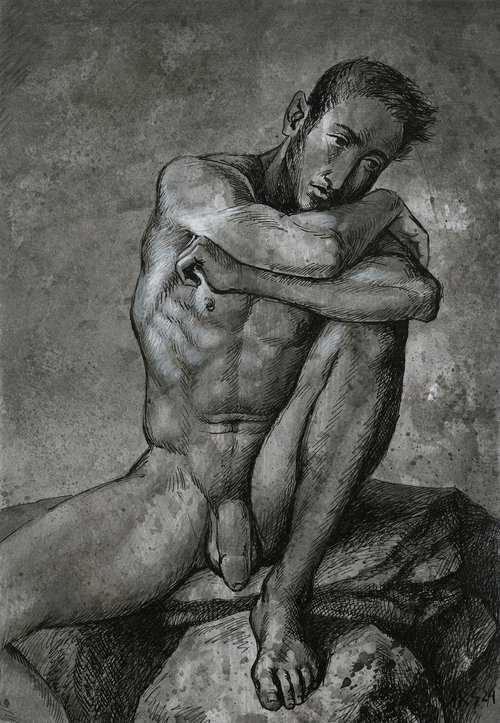 Nude young man sitting on rock by Yaroslav Sobol