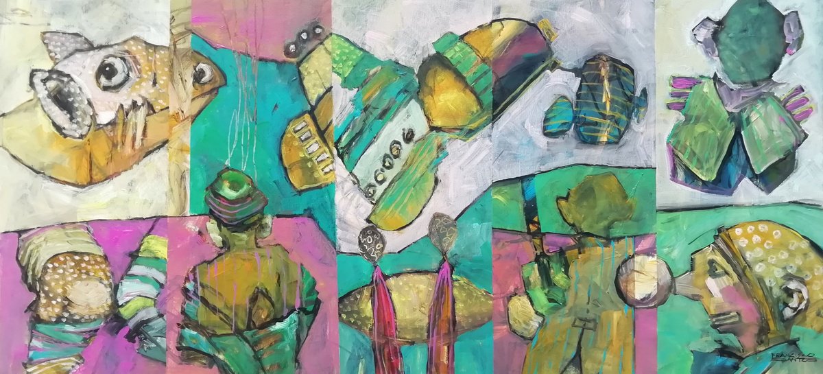 Expressive Abstract Acrylic Painting By Francisco Santos, 35 X 16, Abstract Fragments 7, Original Artwork