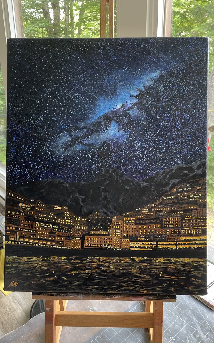 Photorealistic Cityscapes Acrylic Painting By Anne Shaughnessy, 16 X 20, Starry Coast, Original Artwork