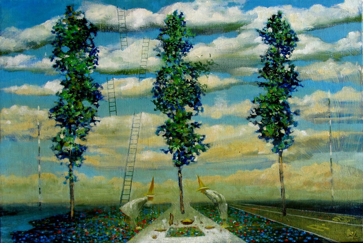Surrealistic Landscape Oil Painting By Serhiy Roy, 18 X 12", Strange Picnic., Original Artwork