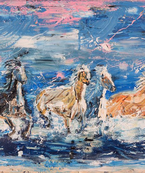 Horse painting - Five horses on the beach 160 x 80 cm. Equine sea art by Oswin Gesselli