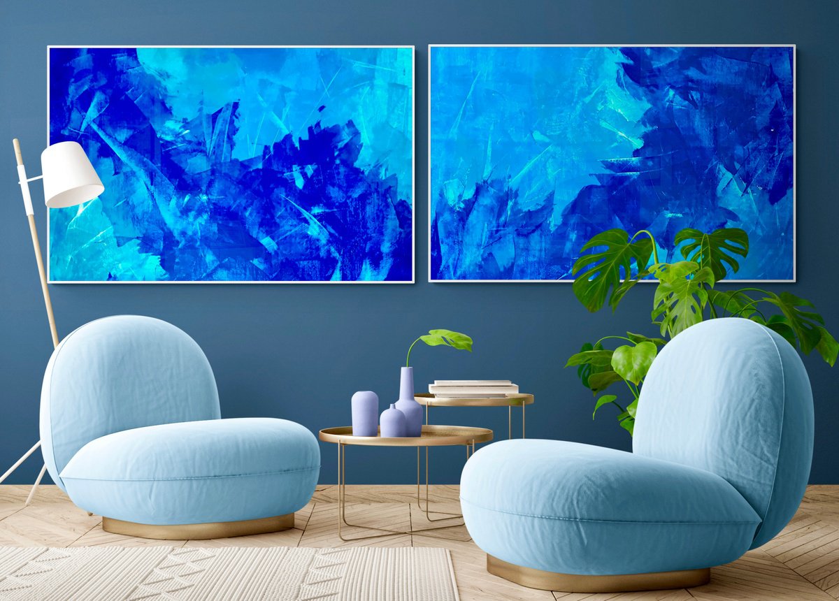 Abstract Acrylic Painting By Anita Kaufmann, 110 X 35, Blue Abstract 3424 Set 2, Original Artwork