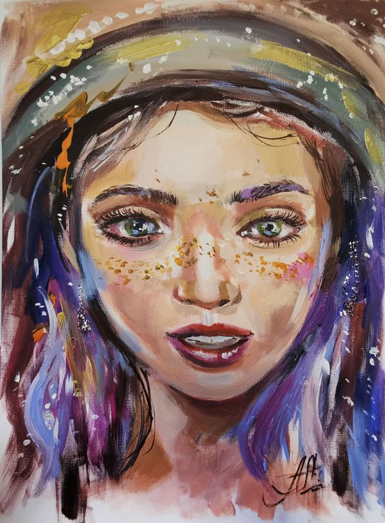 Colorful portrait with a girl. Original oil painting