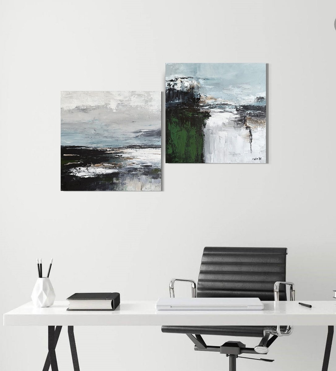 Emerald Shorelines - ? Diptych Green Grey By Tatiana Malinovscaia, 31 X 16, Artwork For Sale On Artfinder