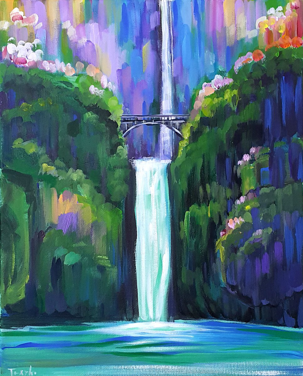 Impressionistic Landscape Acrylic Painting By Trayko Popov, 16 X 20", Waterfall In The Mysterious Mountain, Original Artwork