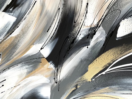 Wild and Free - XL LARGE;  GOLD, BLACK & WHITE ART; MODERN ABSTRACT ART – EXPRESSIONS OF ENERGY AND LIGHT. READY TO HANG!