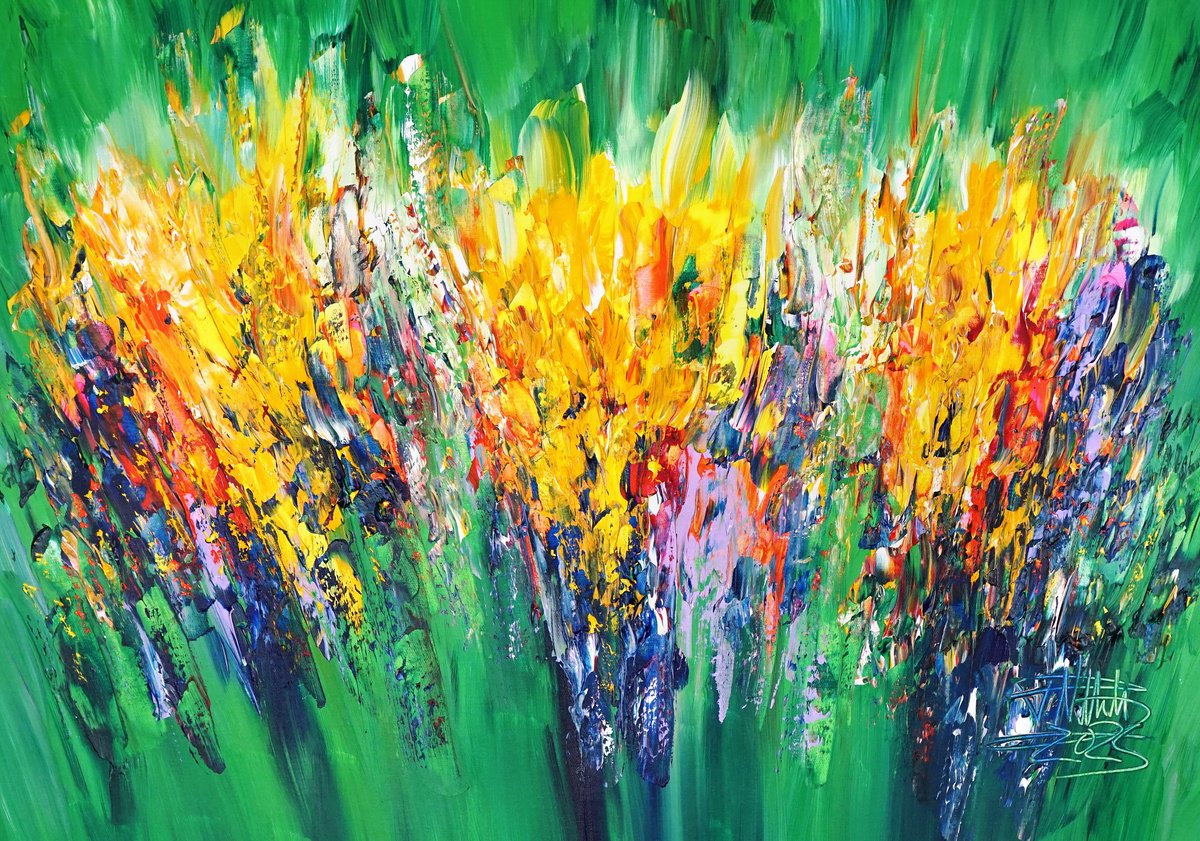 Abstract Acrylic Painting By Peter Nottrott, 39 X 28", Green Daydream A 2, Original Artwork