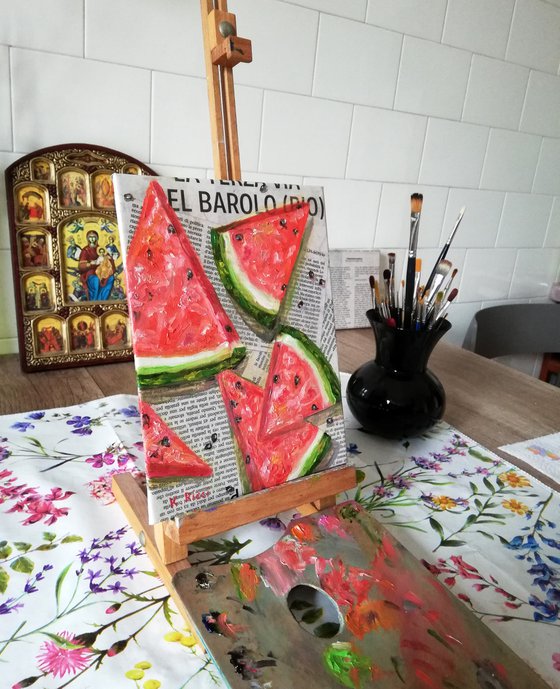 "Watermelon Slices on Newspaper" Original Oil on Canvas Board Painting 7 by 10 inches (18x24 cm)