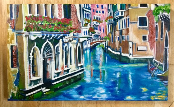 Venice . Canal . Water reflections. View of bridge. On sale.