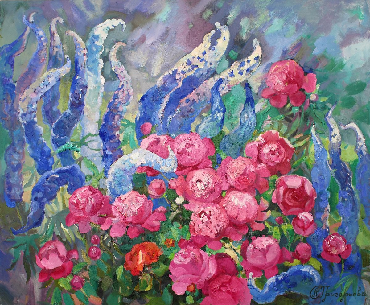 Impressionistic Botanical Oil Painting By Anastasiia Grygorieva, 43 X 35, June With Peonies, Original Artwork