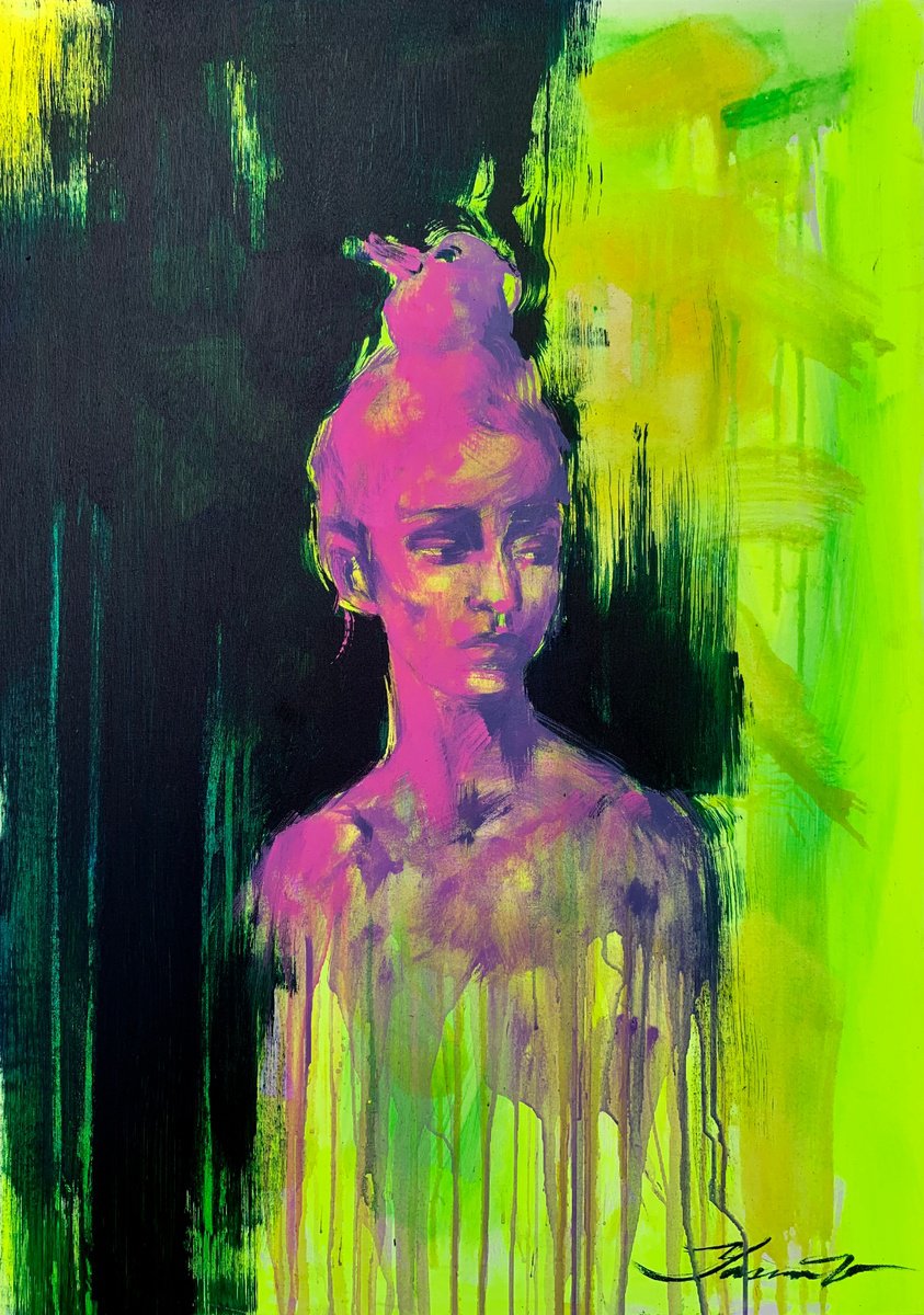 Big bright painting - Pink light - Expressionism - Girl - Neon Art - Portrait by Yaroslav Yasenev