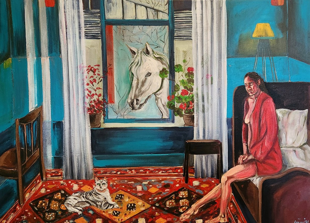 Expressive Portrait Acrylic Painting By Anahita Amouzegar, 24 X 18, Sapphire Stallion