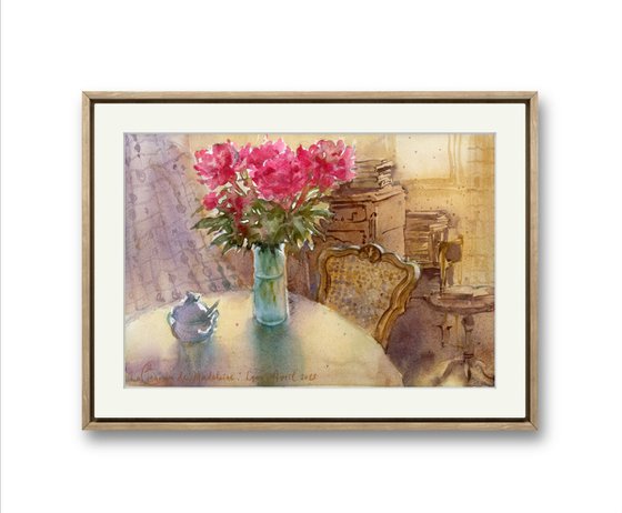 Still life with a bouquet of peonies.