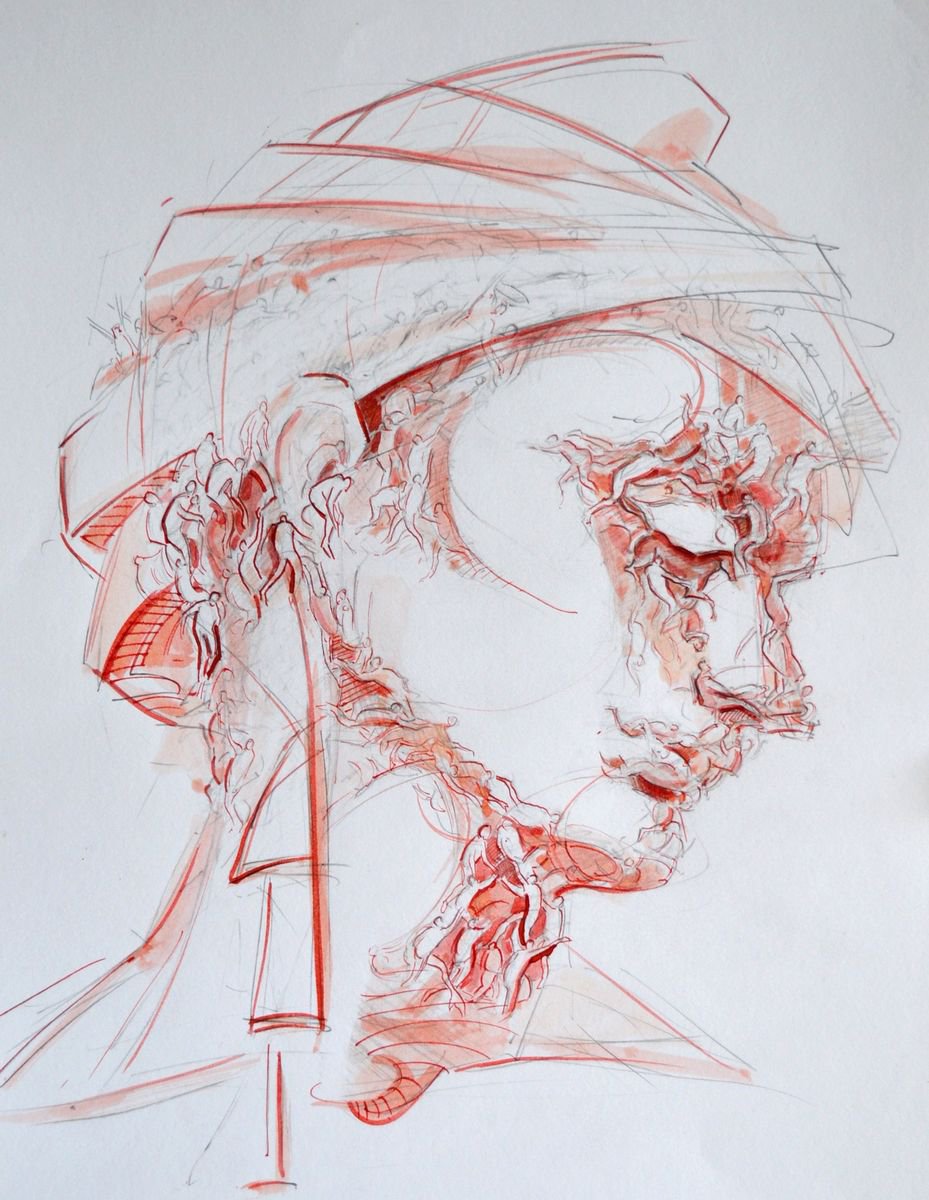 Surrealistic Portrait Pastel Drawing By Grama Gabriel, 8 X 11, People: Rise Or Fall?, Original Artwork