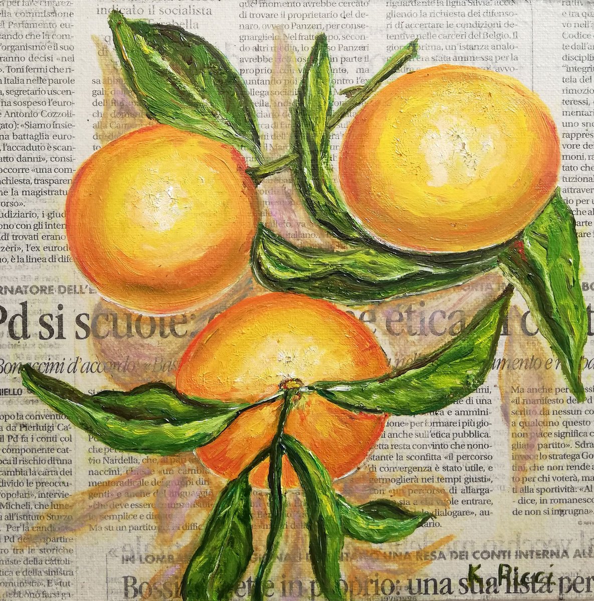 Oranges on Newspaper Original Oil on Canvas Board Painting 8 by 8 inches (20x20 cm) by Katia Ricci