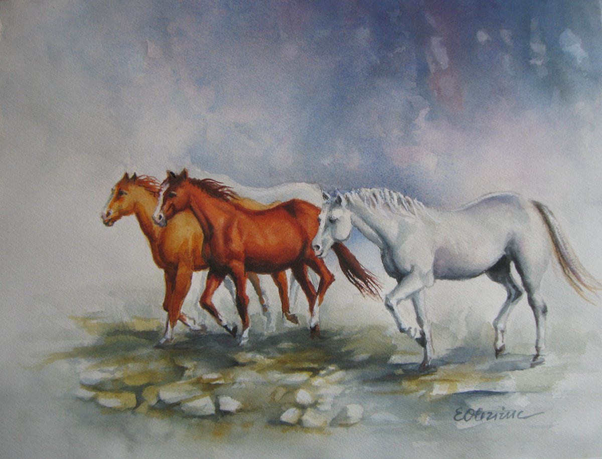 Expressive Animal Watercolour By Elena Oleniuc, 17 X 13, Wild Horses, Original Artwork