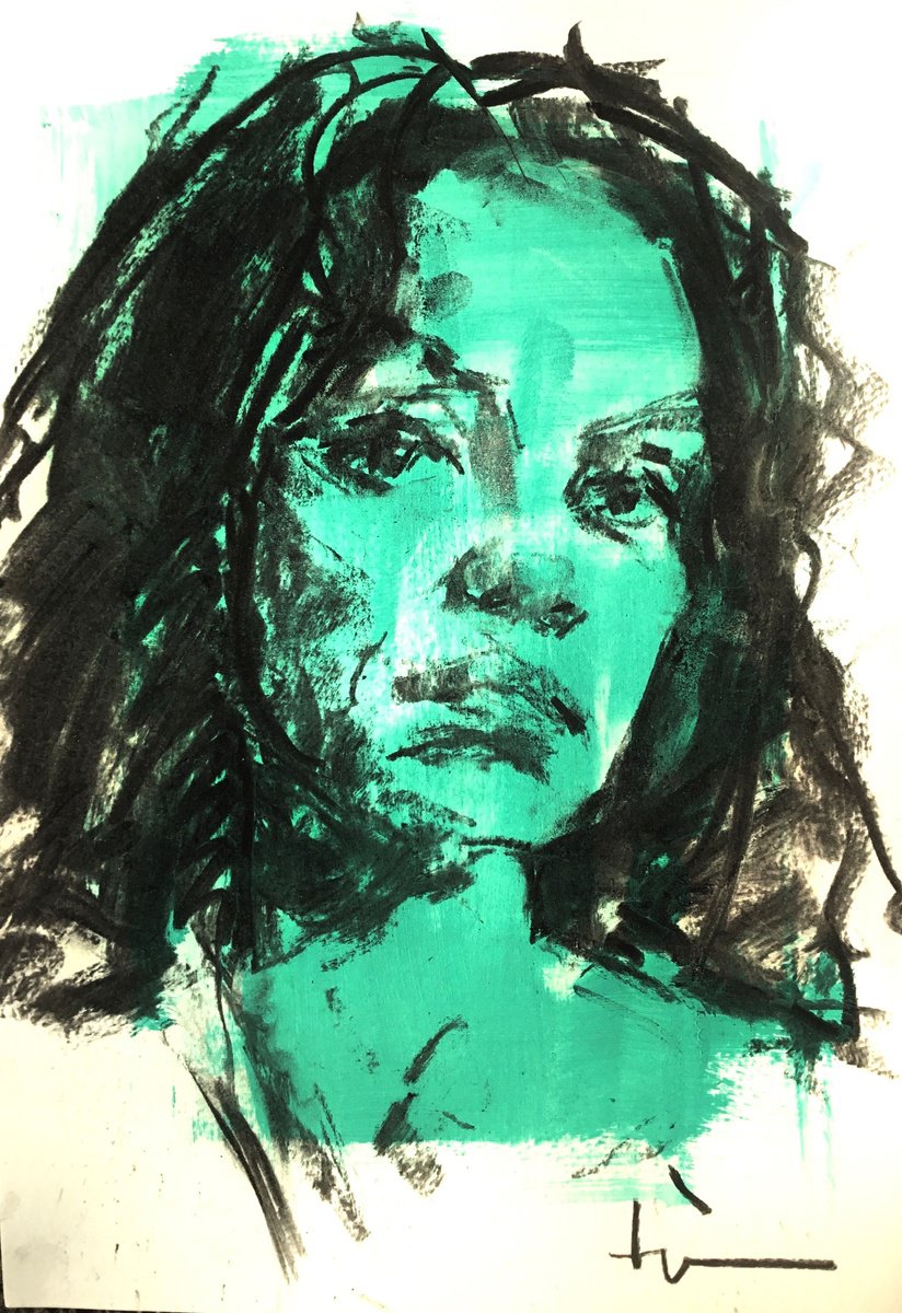 Expressive Charcoal Drawing , Turquoise Tina By Dominique Deve, 8 X 11, Artwork For Sale On Artfinder