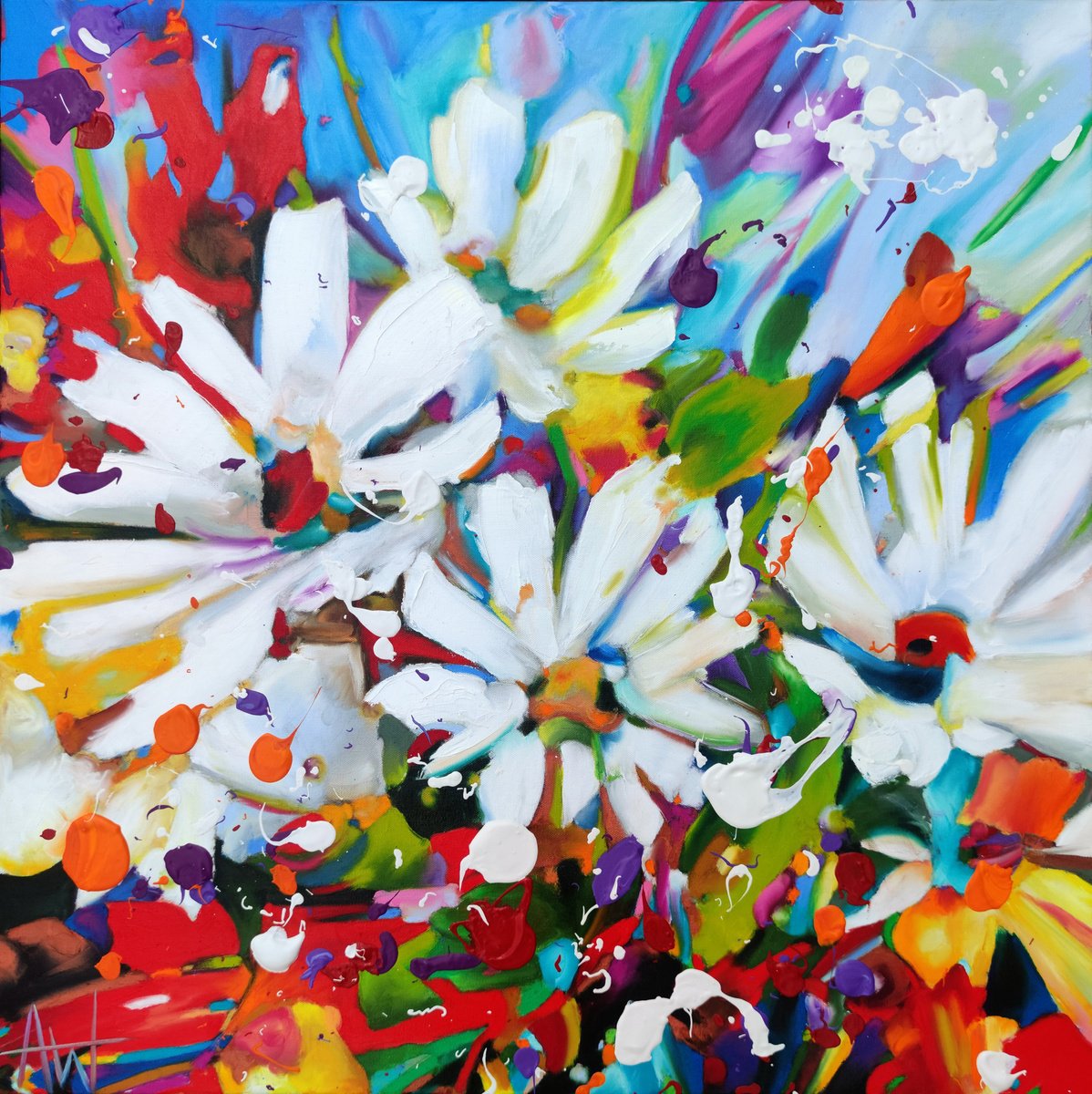 Abstract Botanical Oil Painting By Angie Wright, 31 X 31, Floranova, Original Artwork