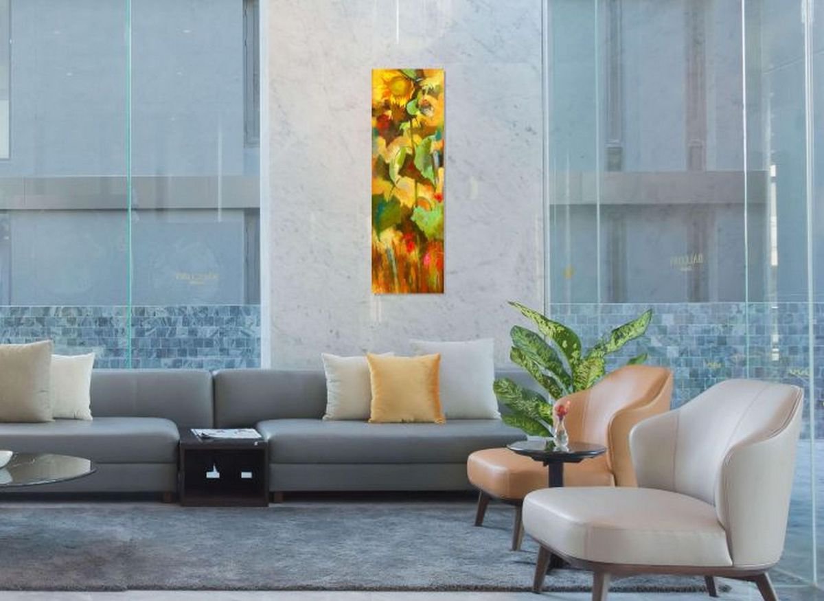 Impressionistic Botanical Oil Painting By Oksana Kornienko, 18 X 55", Sunflower-2, Original Artwork