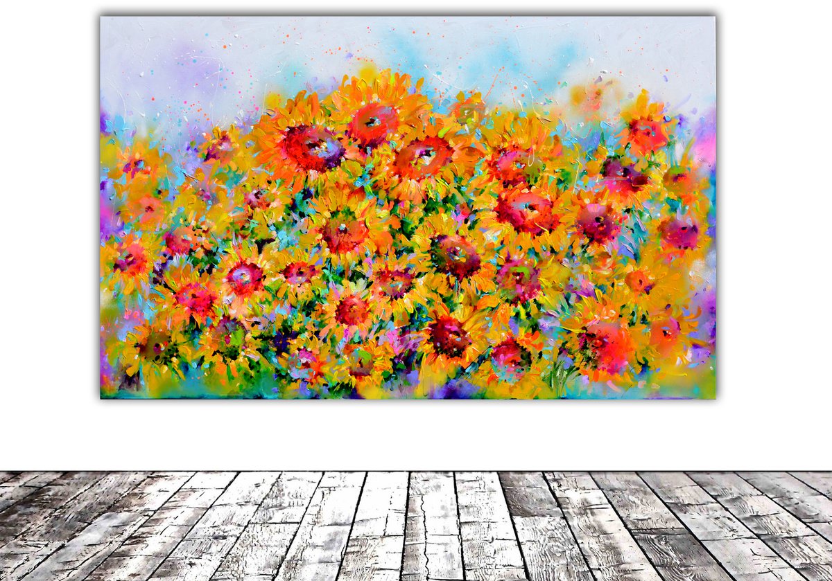 Impressionistic Botanical Acrylic Painting By Soos Roxana Gabriela, 63 X 39", Large Yellow Sunflower Field, Original Artwork