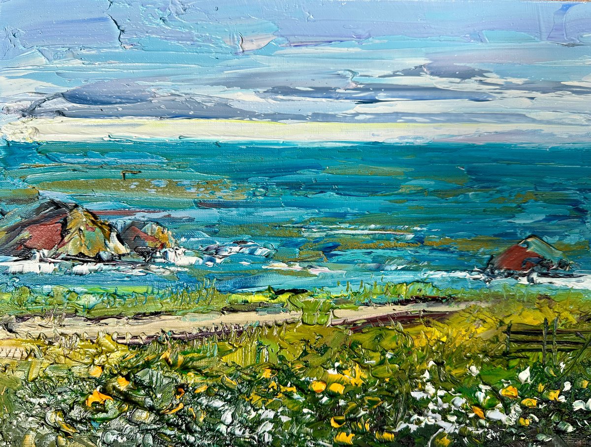 Impressionistic Landscape Oil Painting By Lisa Elley, 12 X 9", Ocean Meadow, Original Artwork