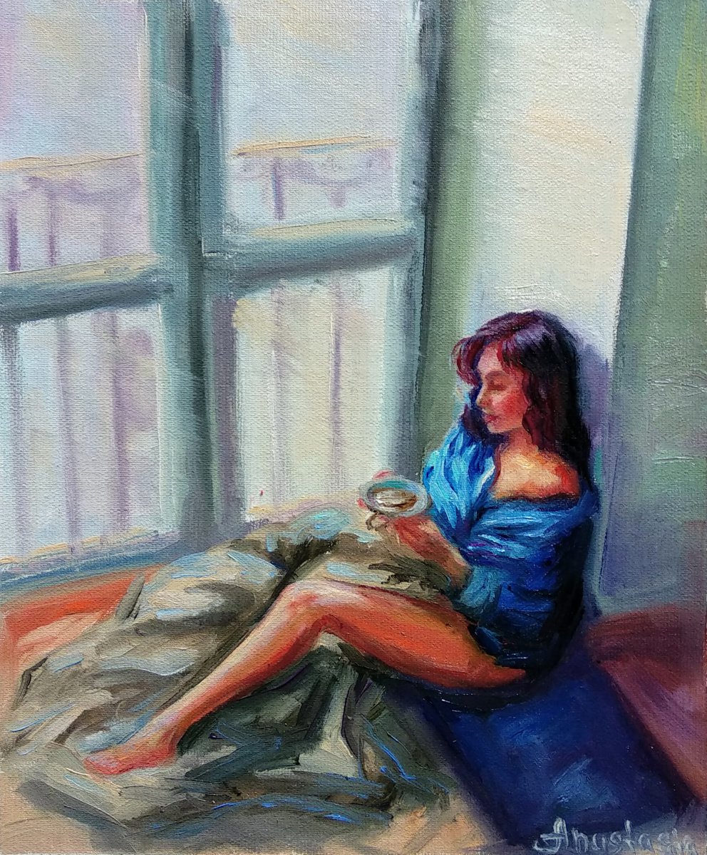 Woman Portrait Beautiful Girl Cup Of Coffee Window Sunshine Blue White by Anastasia Art Line