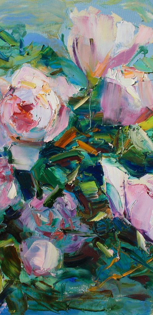 Peonies on blue a la prima by Helen Shukina