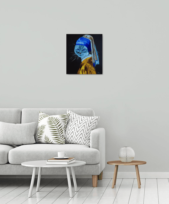 Cat with the pearl earring and blue eyes  inspired by Vermeer painting feline art for cat lovers gift idea