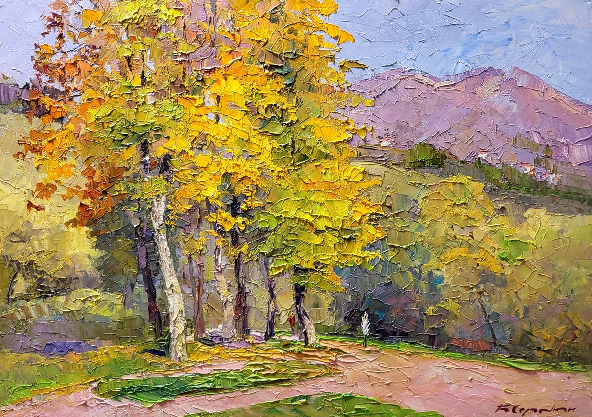 Impressionistic Landscape Oil Painting By Boris Serdyuk, 28 X 20, In The Autumn Park, Original Artwork
