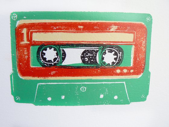 Linocut tapes #10 (cassette tapes, retro music, 70's, 80's rock culture)