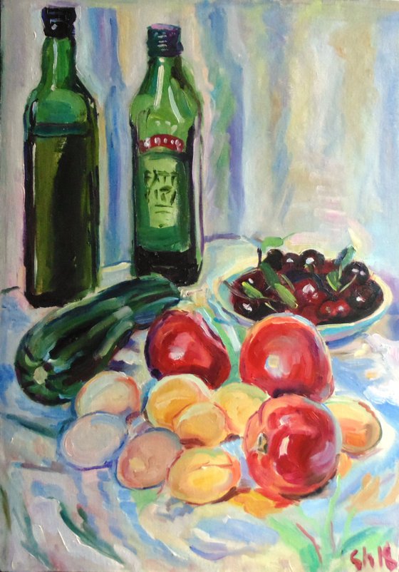 Still life with two bottles of olive oil