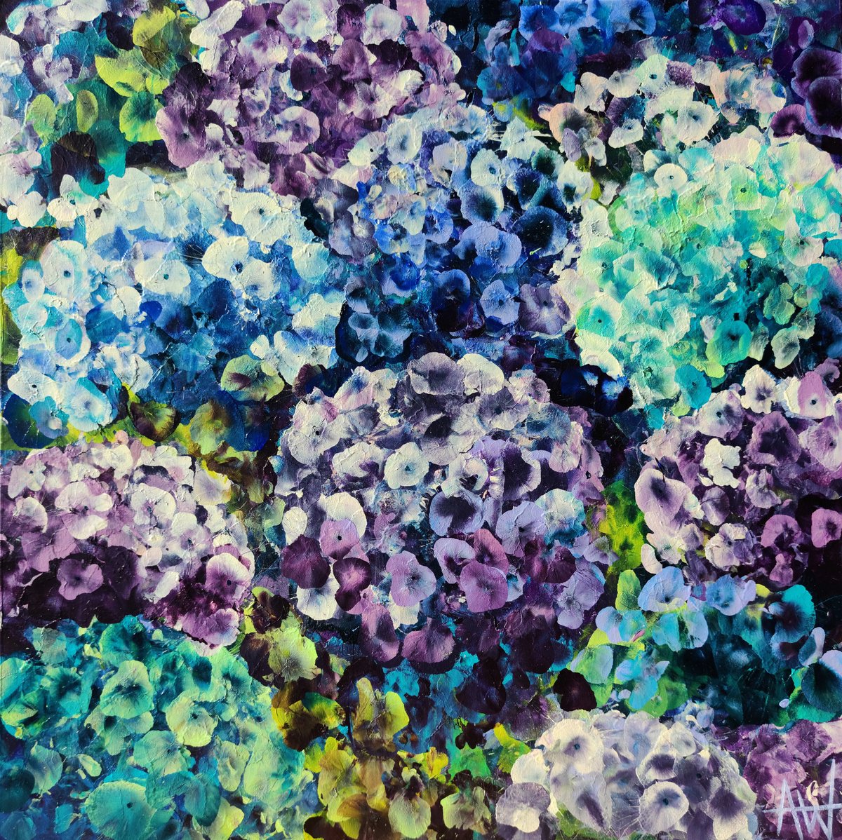 Expressive Botanical Acrylic Painting By Angie Wright, 31 X 31, Indigo Blooms, Original Artwork