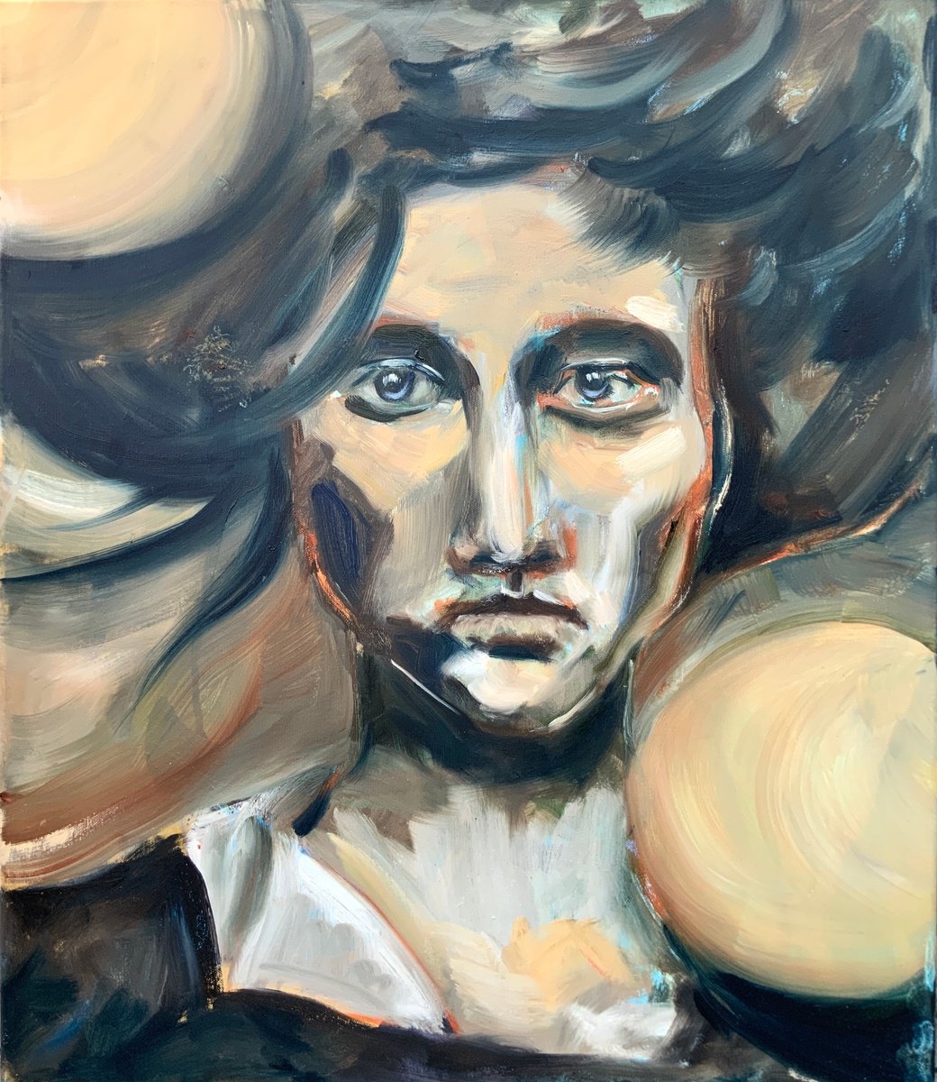 Expressive Portrait Oil Painting By Alexandra Jagoda (Ovcharenko), 24 X 28, Between The Spheres, Original Artwork