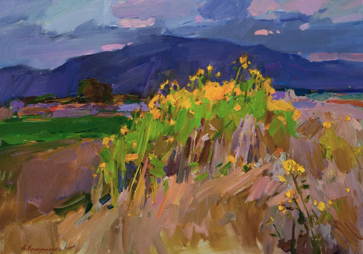 Impressionistic Landscape Oil Painting By Aleksandr Kryushyn, 28 X 20, Topinambur Flowers. Transcarpathia., Original Artwork
